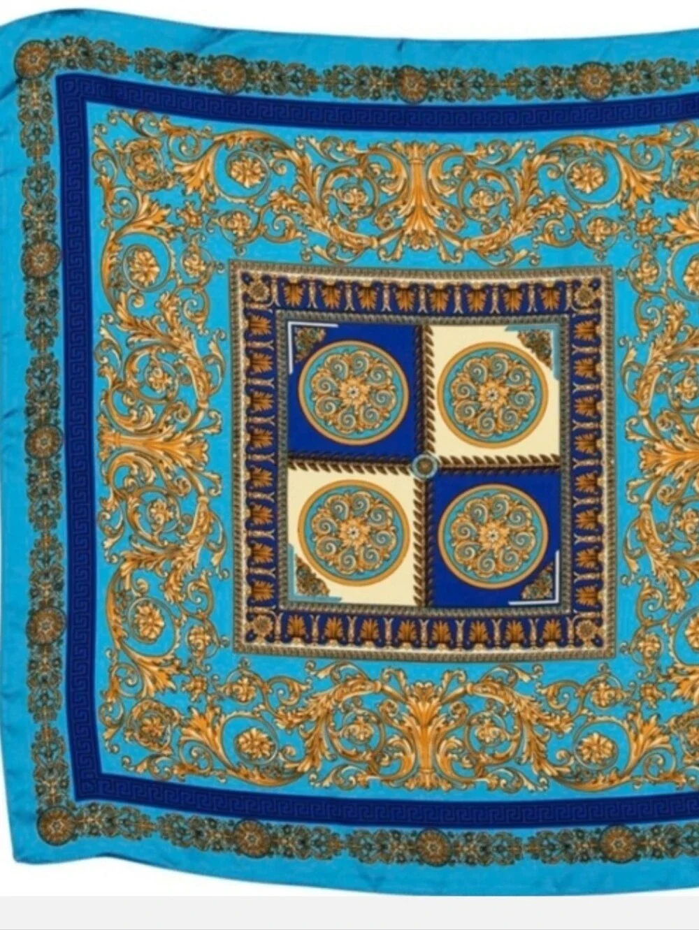 Silk-feel Blue and Gold Scarf Women Head Scarf , Neck Scarf